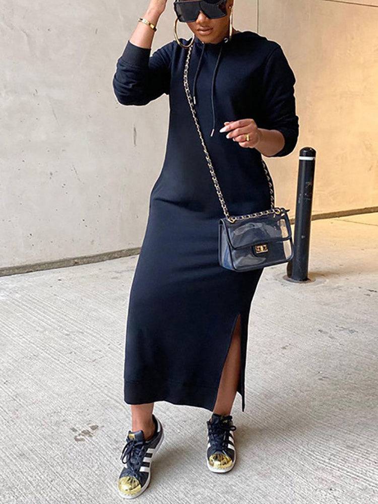 Slant Pockets Drawstring Hoodie Dress Black / L