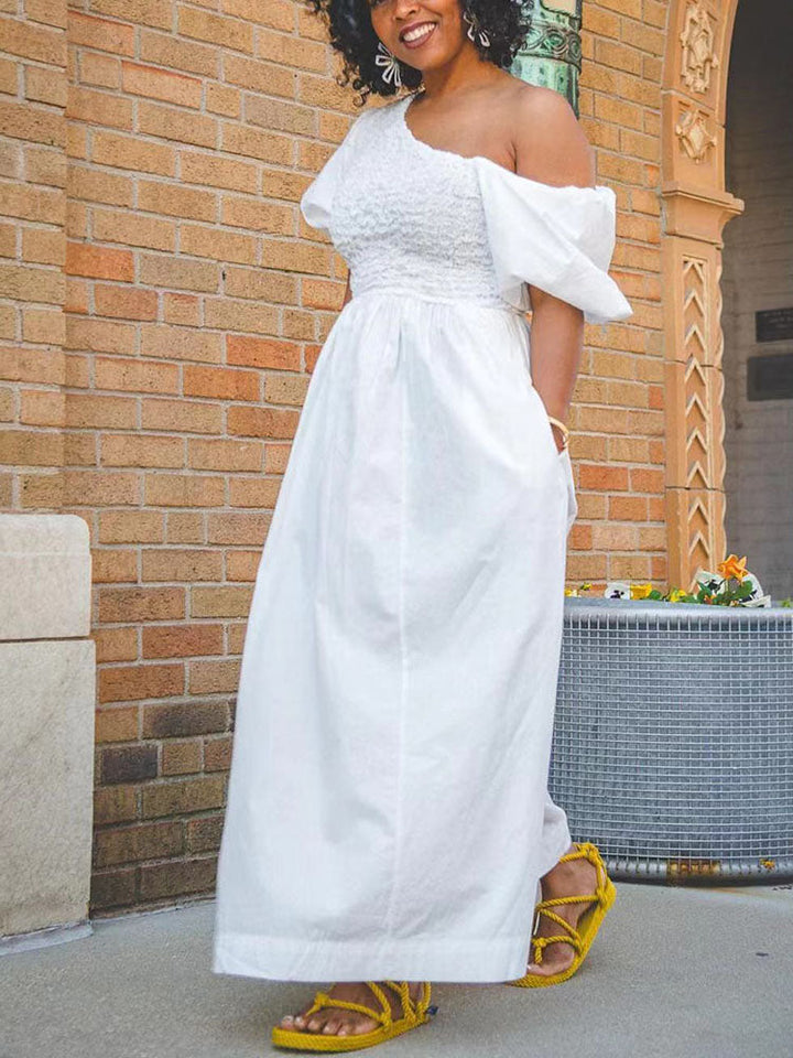 Puff Sleeves Cut-out Waist Dress White / L
