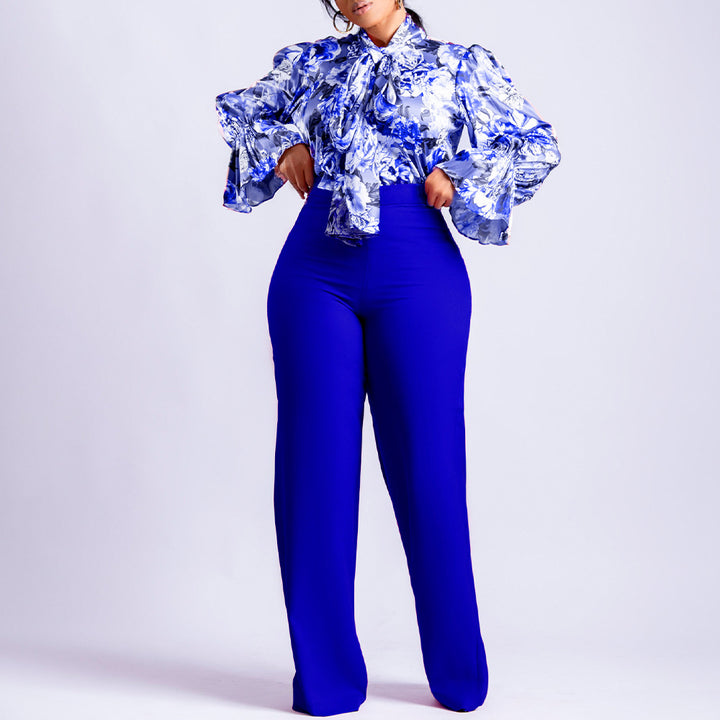 Casual Printed Long Sleeve Shirt Wide Leg Pants Sets