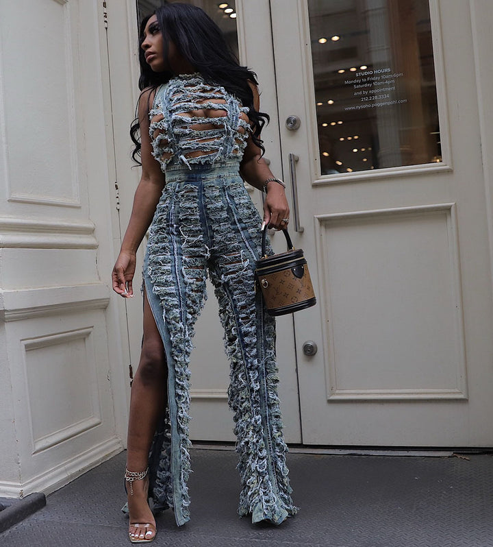 Unique Handcrafted Vest with High-Waisted Split-Front Jeans