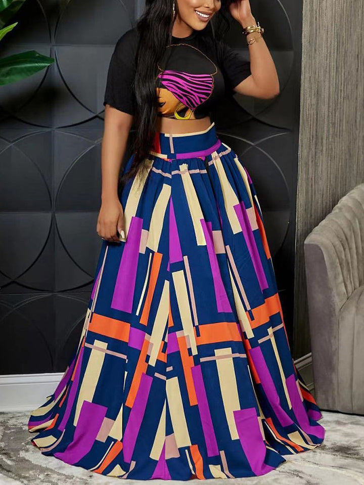 Print Crop Top Slit Skirt Set Purple / L