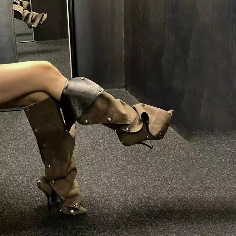 Metal Rivet Denim Patchwork Boots