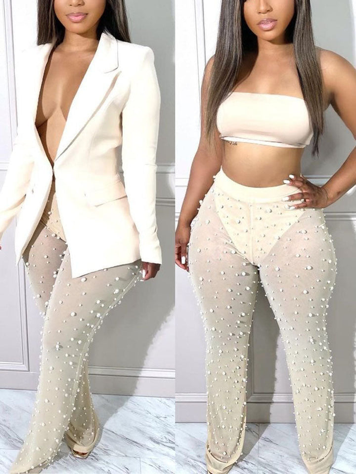 Blazer Beaded Sheer Pants Set Black / L