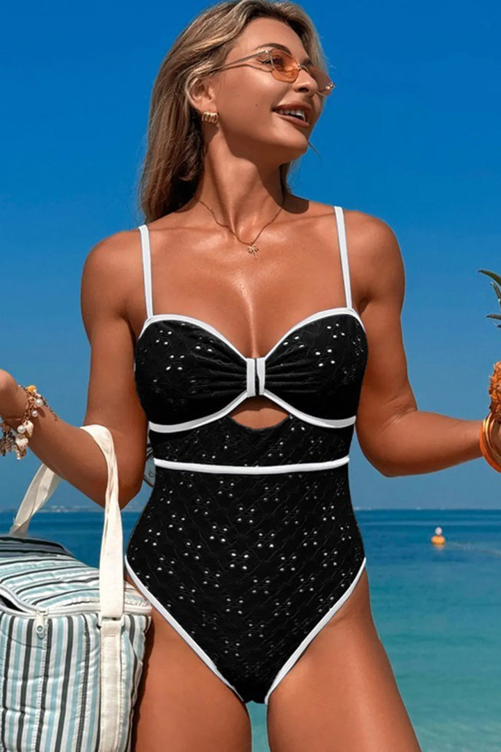 Vintage Textured Hollow-Out One-Piece Swimsuit