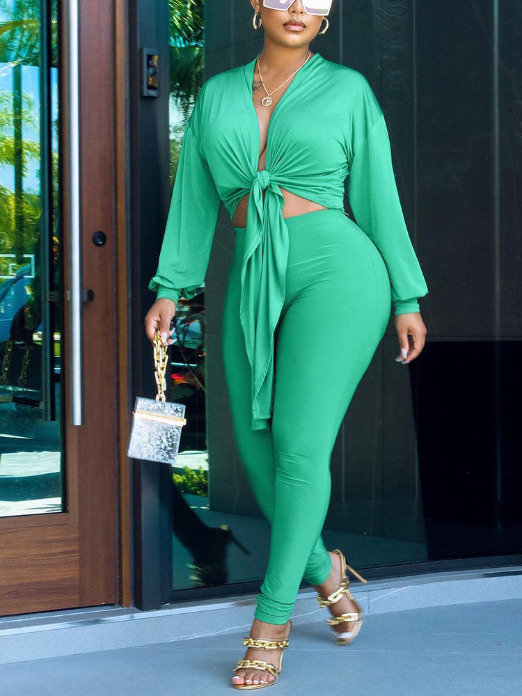 Tie Front Crop Tops and Pants Set Green / S