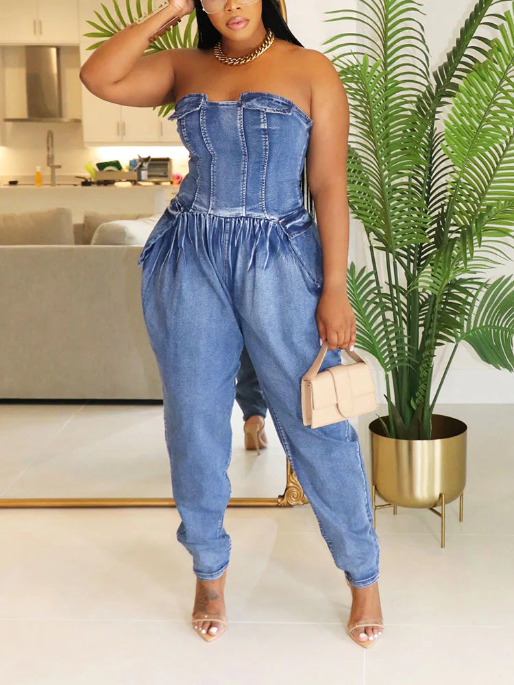 Strapless Ruched Denim Jumpsuit