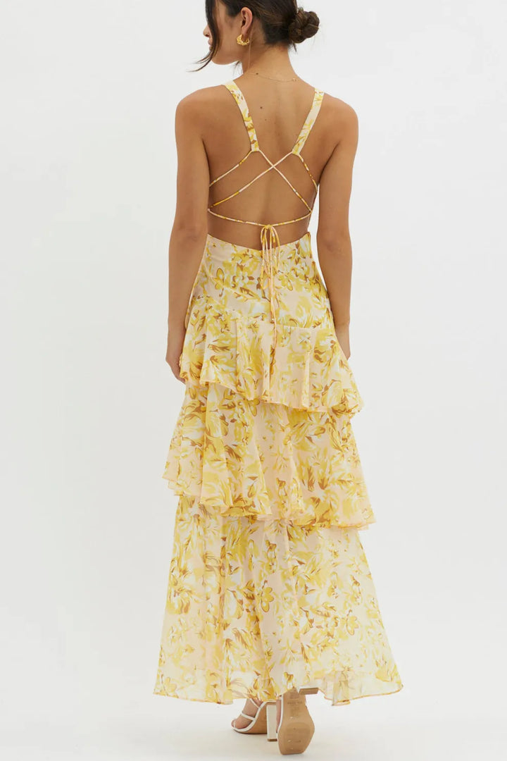 Floral Print Tie up Back Chiffon Tiered Dress