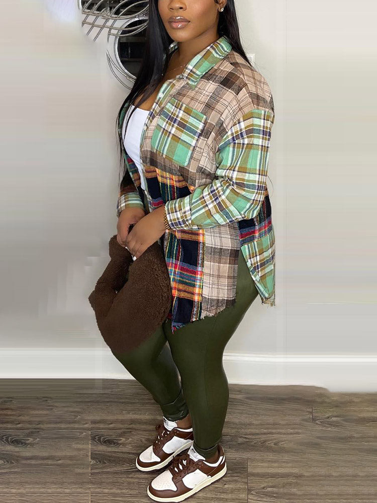 Plaid Loose-Fit Raw Edge Shirt Green / XL