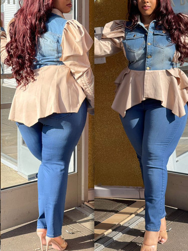 Denim Patchwork Asymmetrical Top Apricot / XL