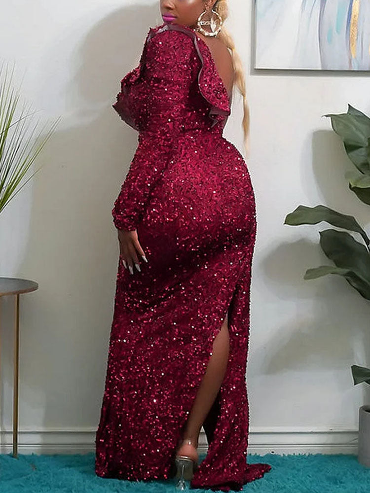 Sequin One Shoulder Slit Ruffle Prom Dresses Burgundy / M