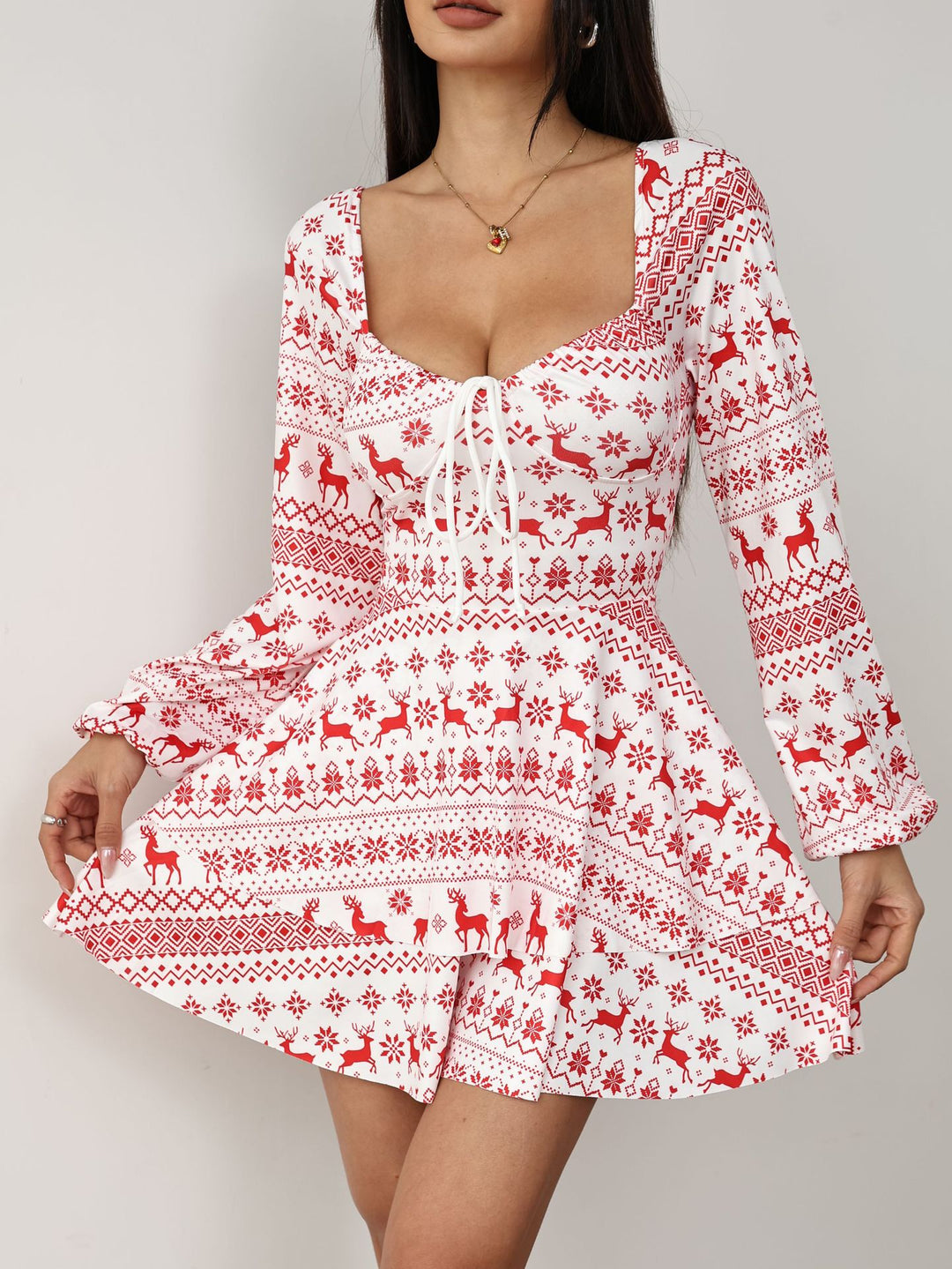 Christmas Drawstring Backless Long-Sleeve Dress