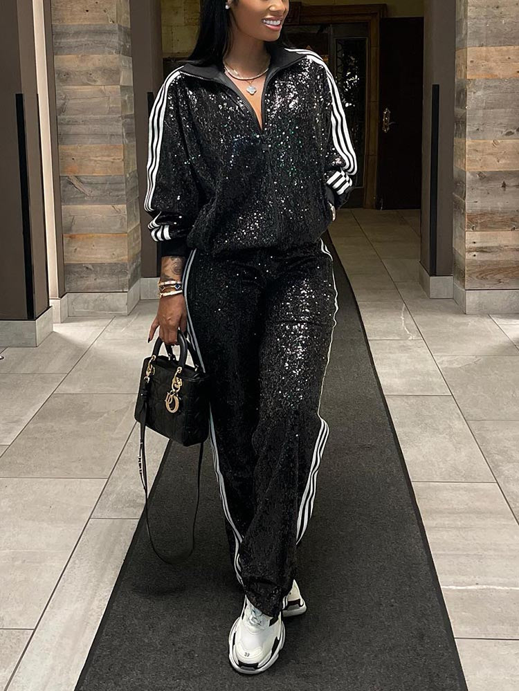 Sequin Casual Tracksuit Set Black / M