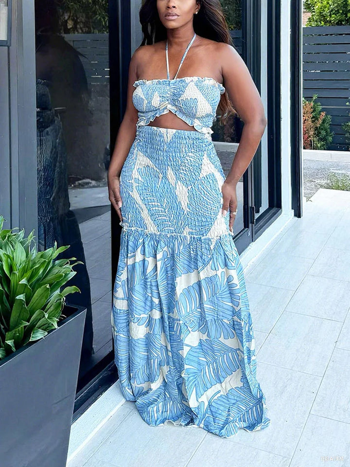 Tropical Halter Smocked Maxi Dress