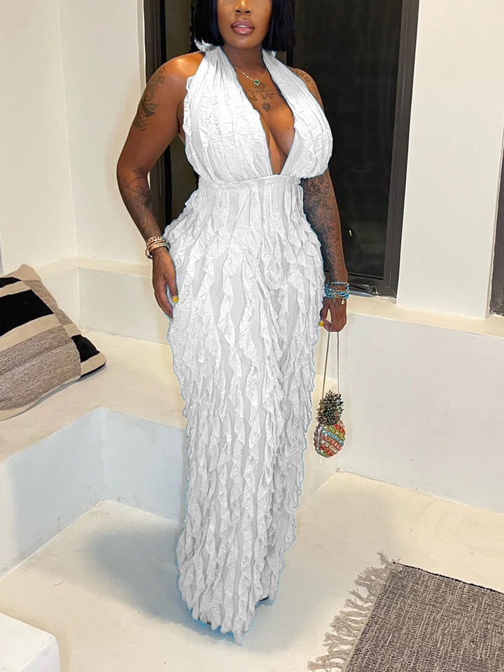 Halter V Neck Fringe Jumpsuit White / S