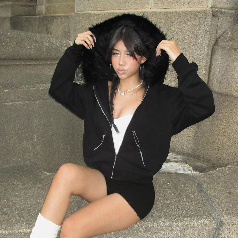 Zipper Split Print Plush Hoodie Black