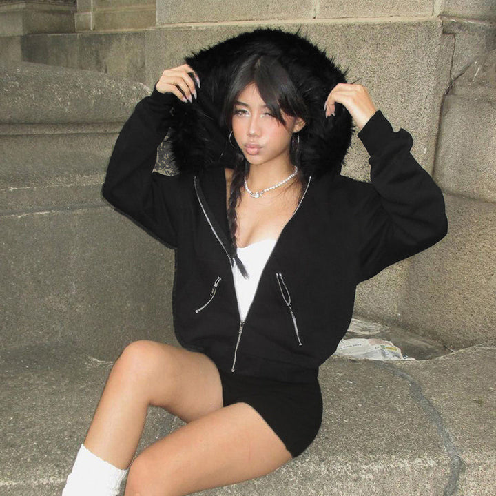 Zipper Split Print Plush Hoodie Black