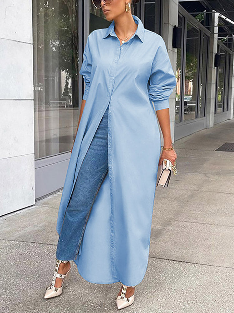 Solid Button Split Shirt Dress Khaki / M