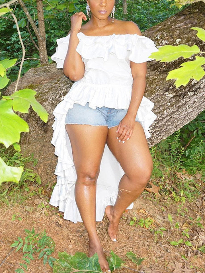 Off Shoulder Ruffled Traling Top White / S