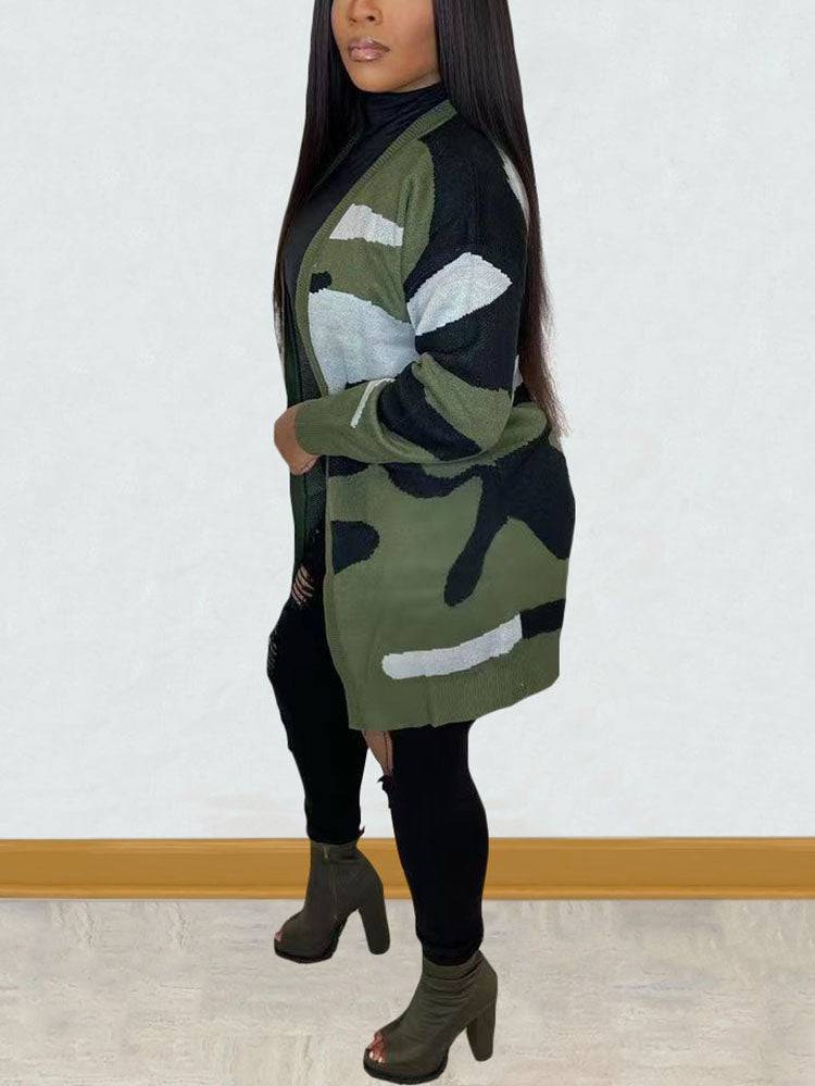 Camouflage Print Sweater Cardigan Yellow / S