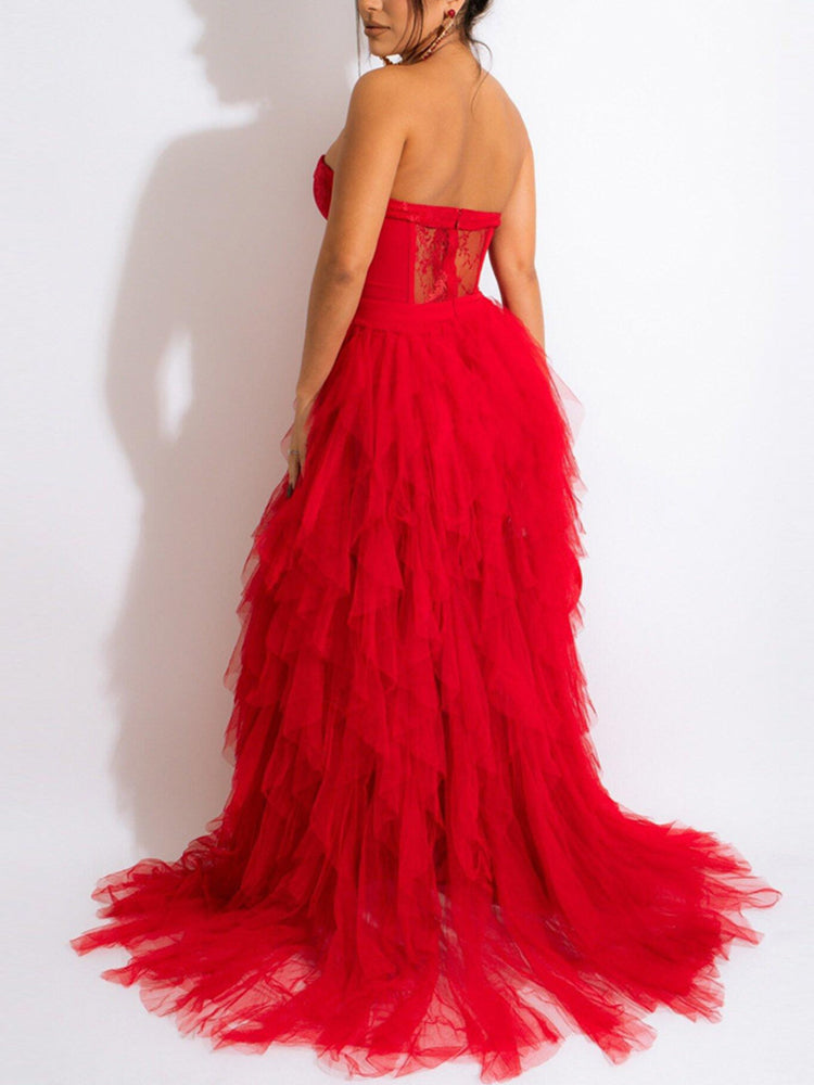 Lace Slit Tulle Dress Red / M