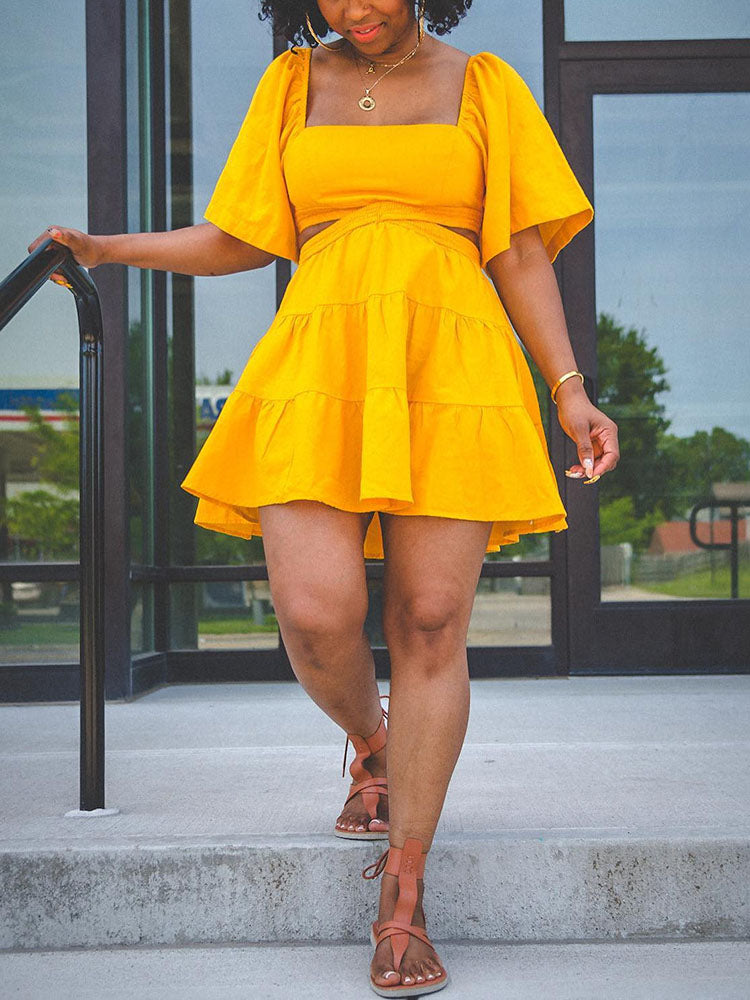 Hollowed Out Square Neck Dress Yellow / L
