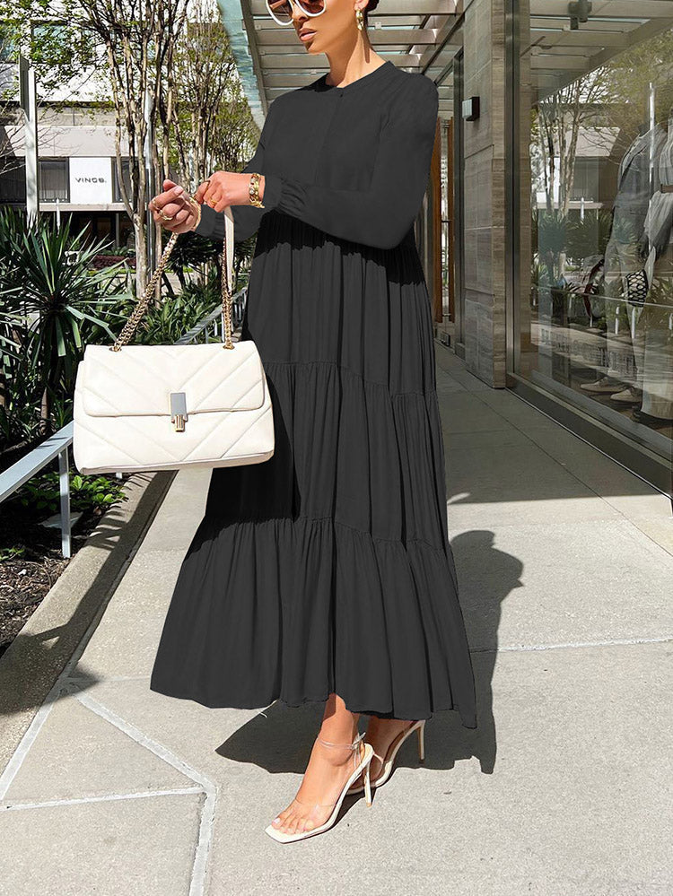Solid Color Long Sleeve Ruffle Dress Apricot / XL