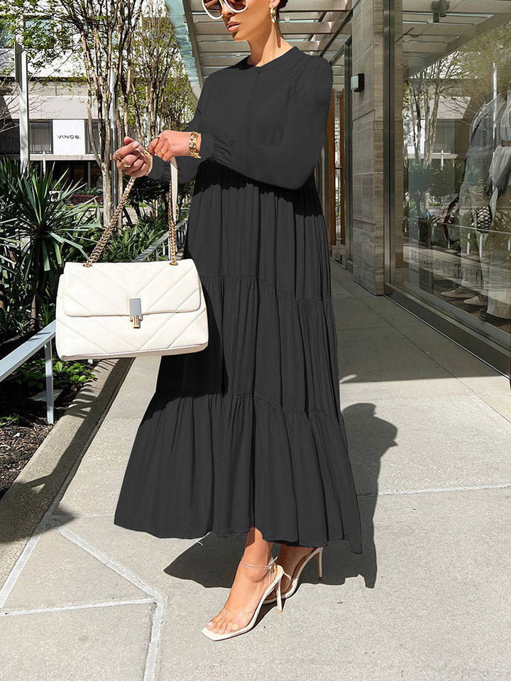 Solid Color Long Sleeve Ruffle Dress Apricot / XL