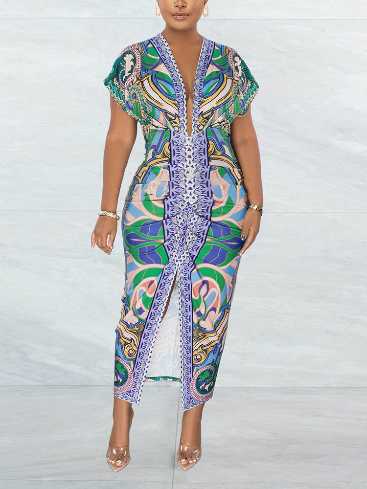 Print Ruched Slit Vacation Dress Cyan / S