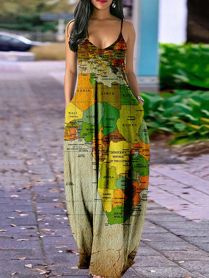 Casual Map Print Spaghetti Strap Maxi Dress Green / M