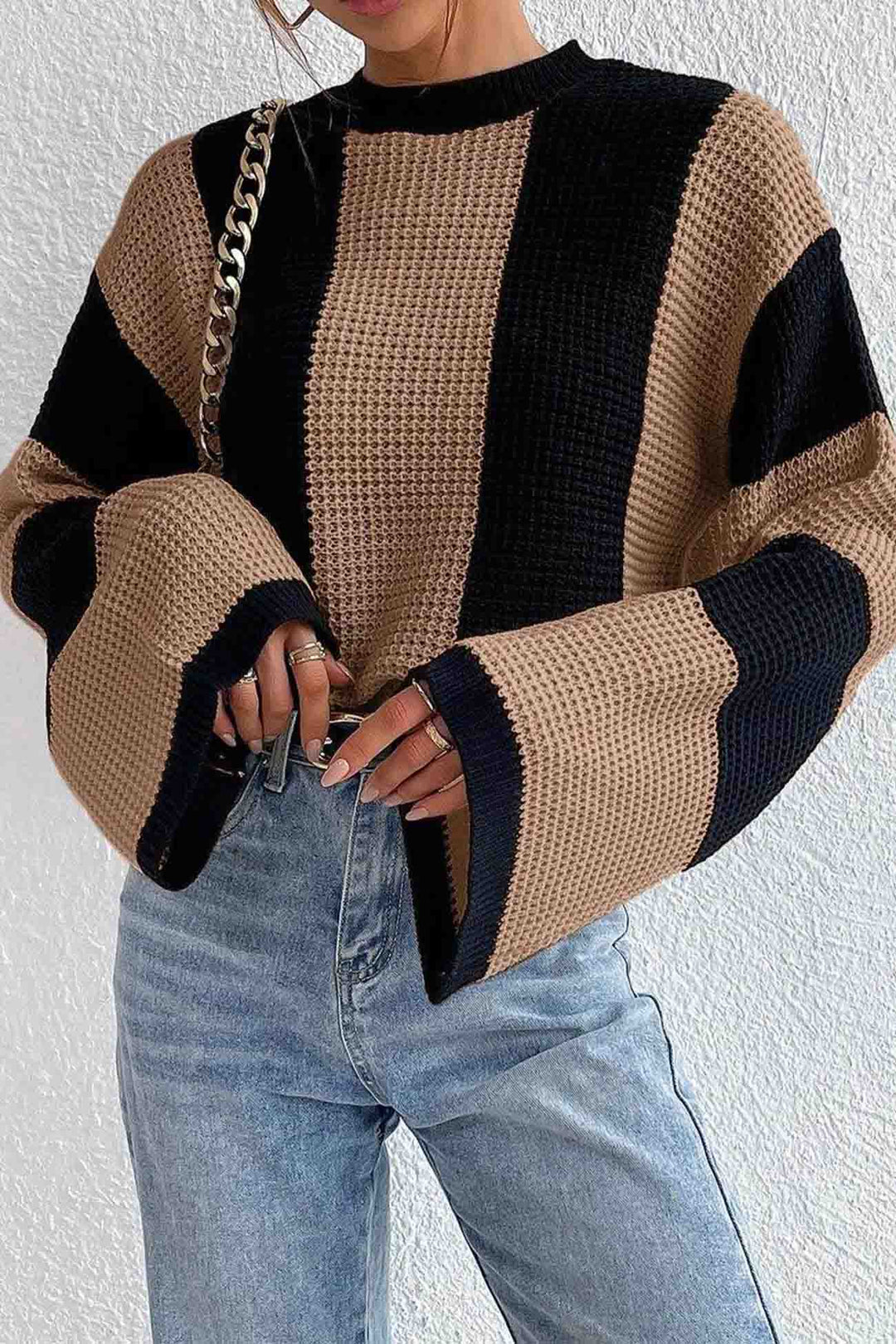 Colorblock Striped Long Sleeve Knitted Sweater Khaki · L