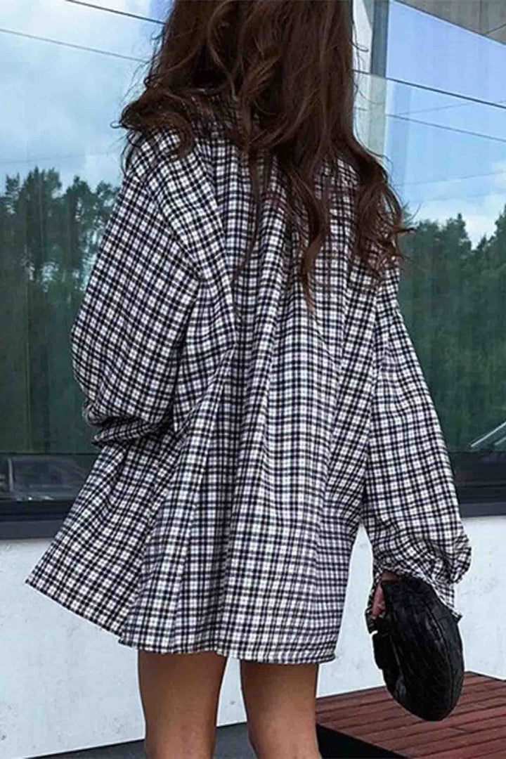 Plaid Drop Shoulder Lantern Sleeve Long Blouse Plaid · L
