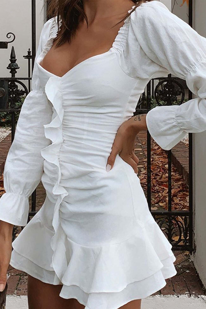 Pleated Balloon Sleeve Mini Dress White · L