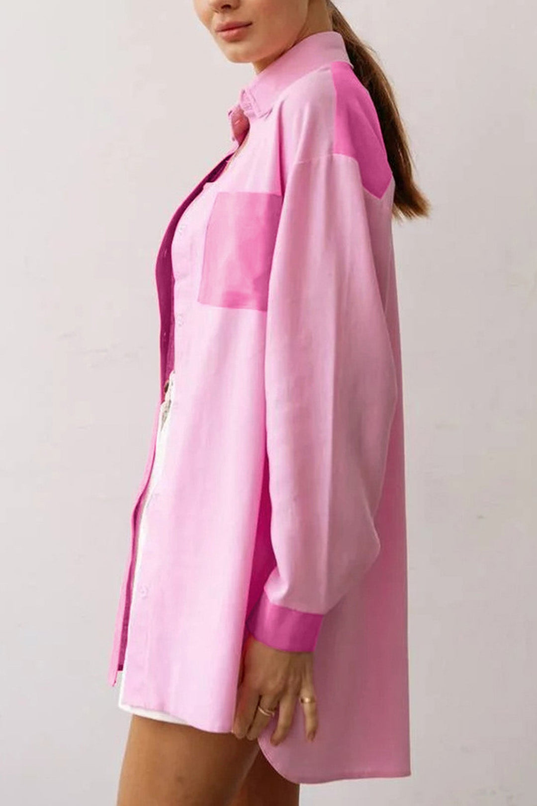 Pink Lapel Pocket Button-Up Long Sleeve Blouse Pink · L
