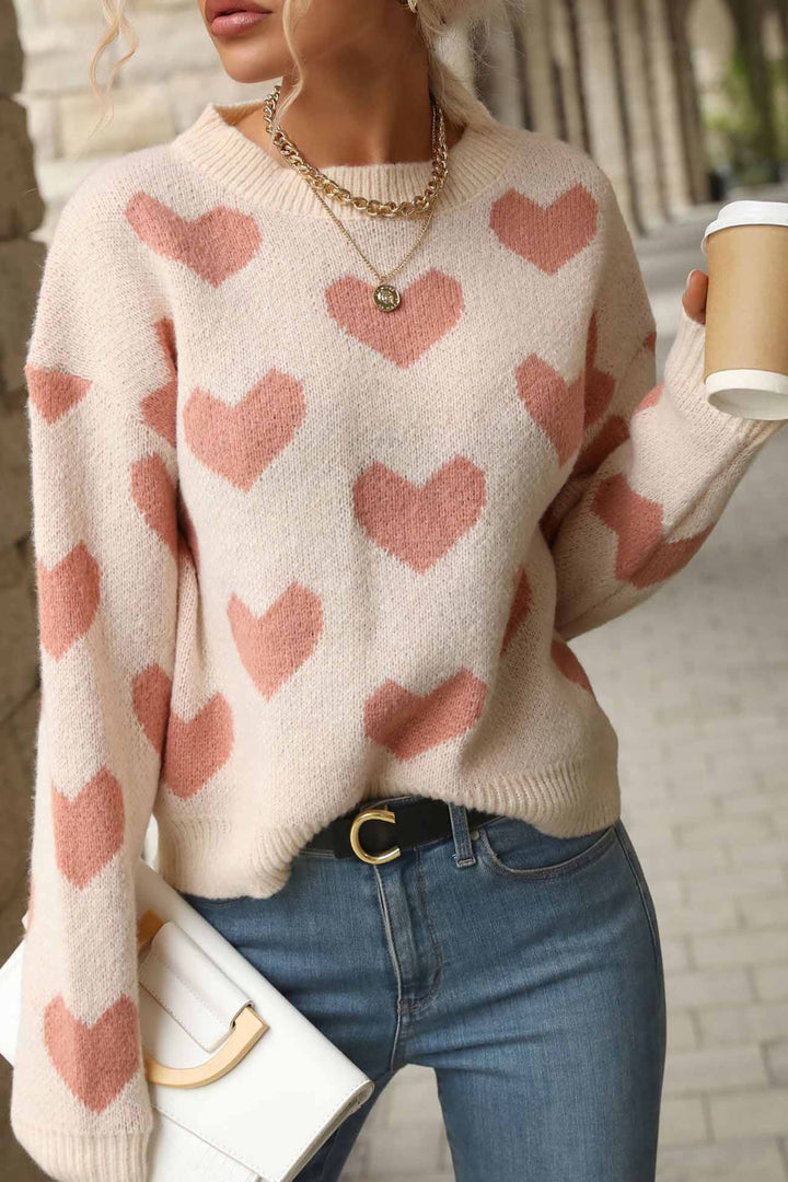 Heart Printed Crew Neck Knitted Sweater Pink · L