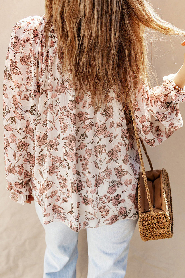 Floral Print V-neck Strap Long Sleeve Blouse Pink · L