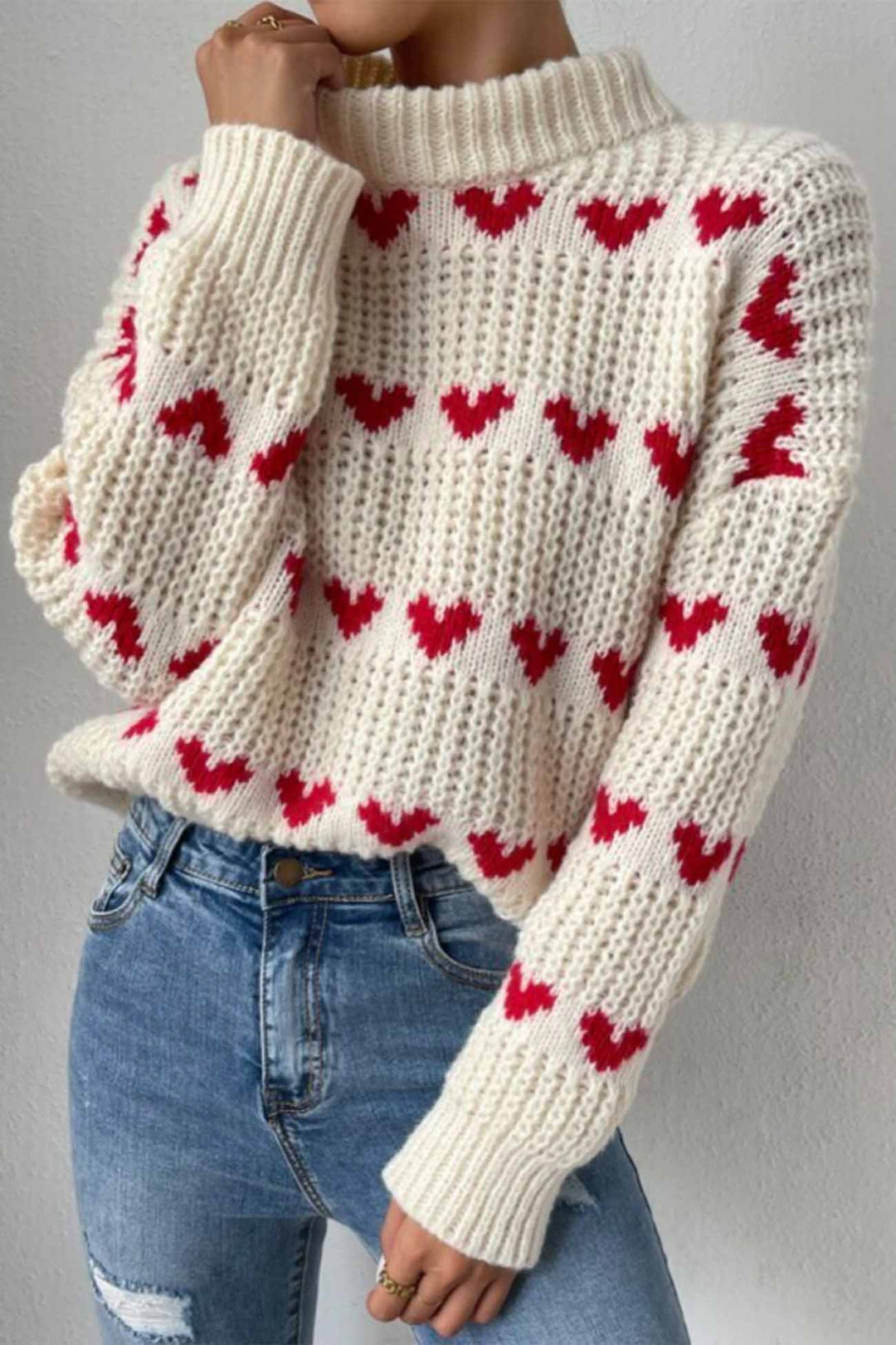 Heart Jacquard knitted Sweater Off White · L