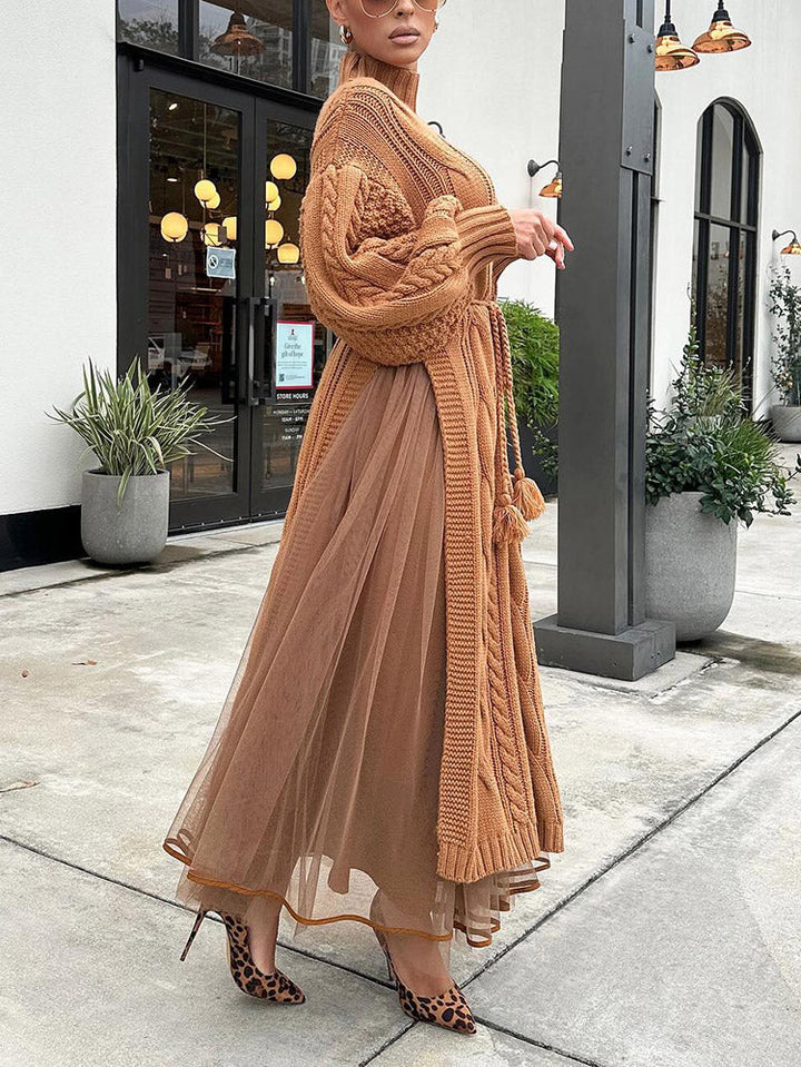 Knit Slit Sweater & Tulle Skirt Set Khaki / M