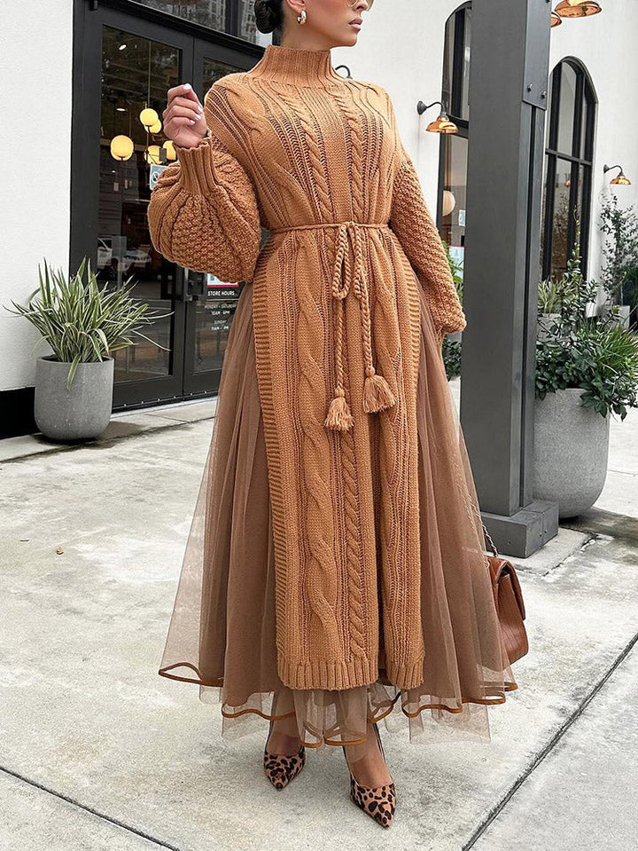 Knit Slit Sweater & Tulle Skirt Set Khaki / S