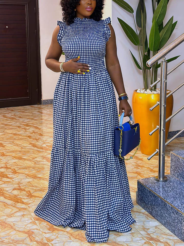 Ruffle Sleeves Gingham Maxi Dress Blue / S