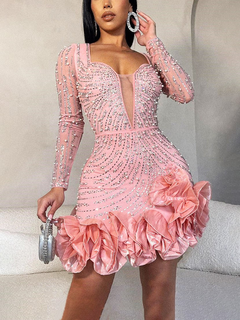 Rhinestone Pearl Ruffle Dress Pink* / L