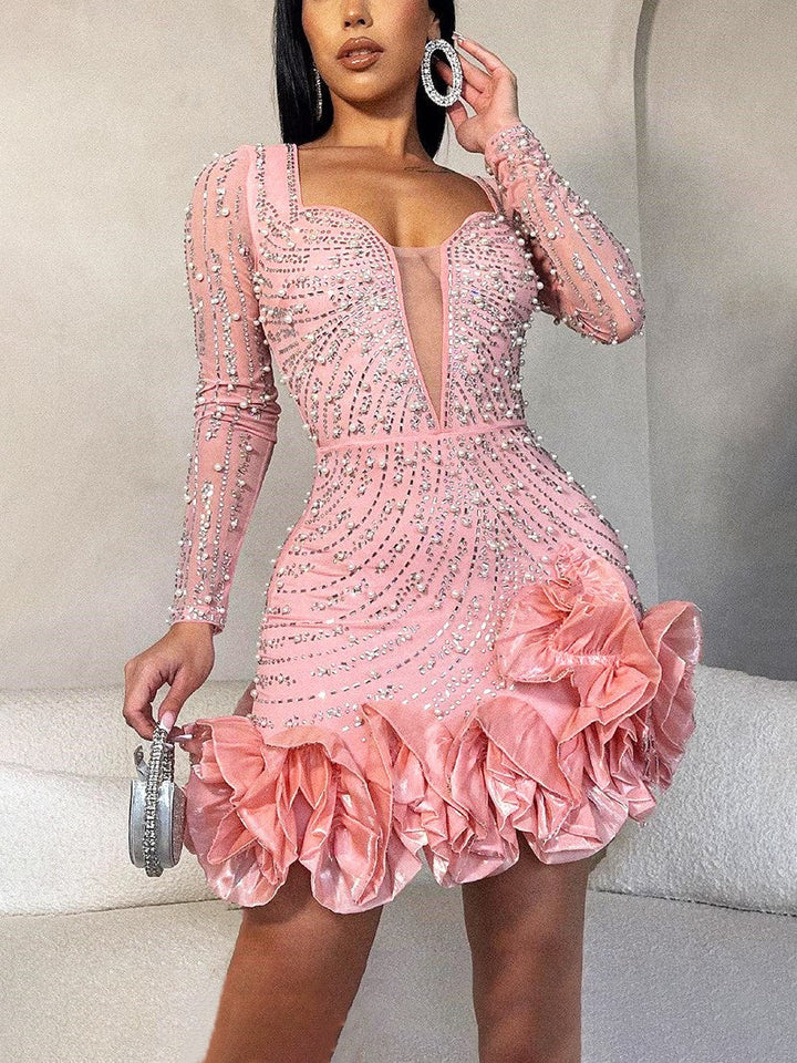 Rhinestone Pearl Ruffle Dress Pink* / L