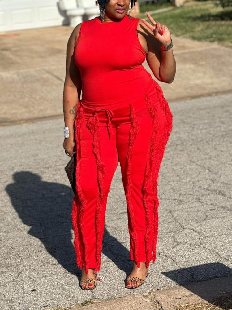 Sleeveless Top Tassel Pants Set Orange / L
