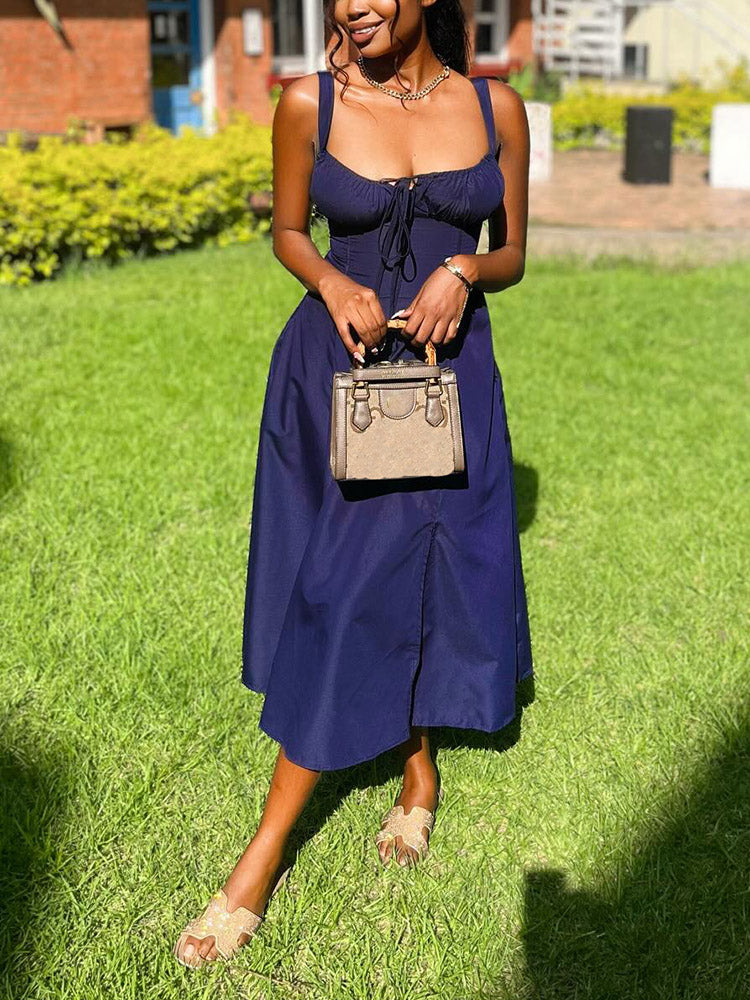 Sleeveless Bustier Slit Sundress Navy / XL