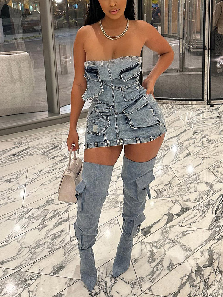 Strapless Denim Cargo Dress Blue / XL