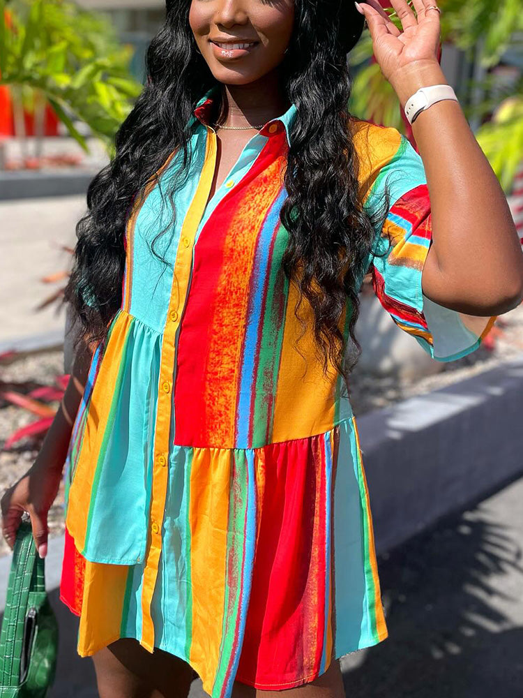 Color Block Ruffle Shirt Dress Multicolor / XL