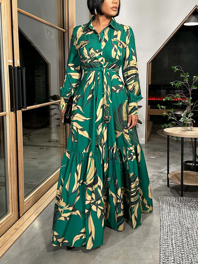 Leaf Print Ruffle Hem Dress Green / S
