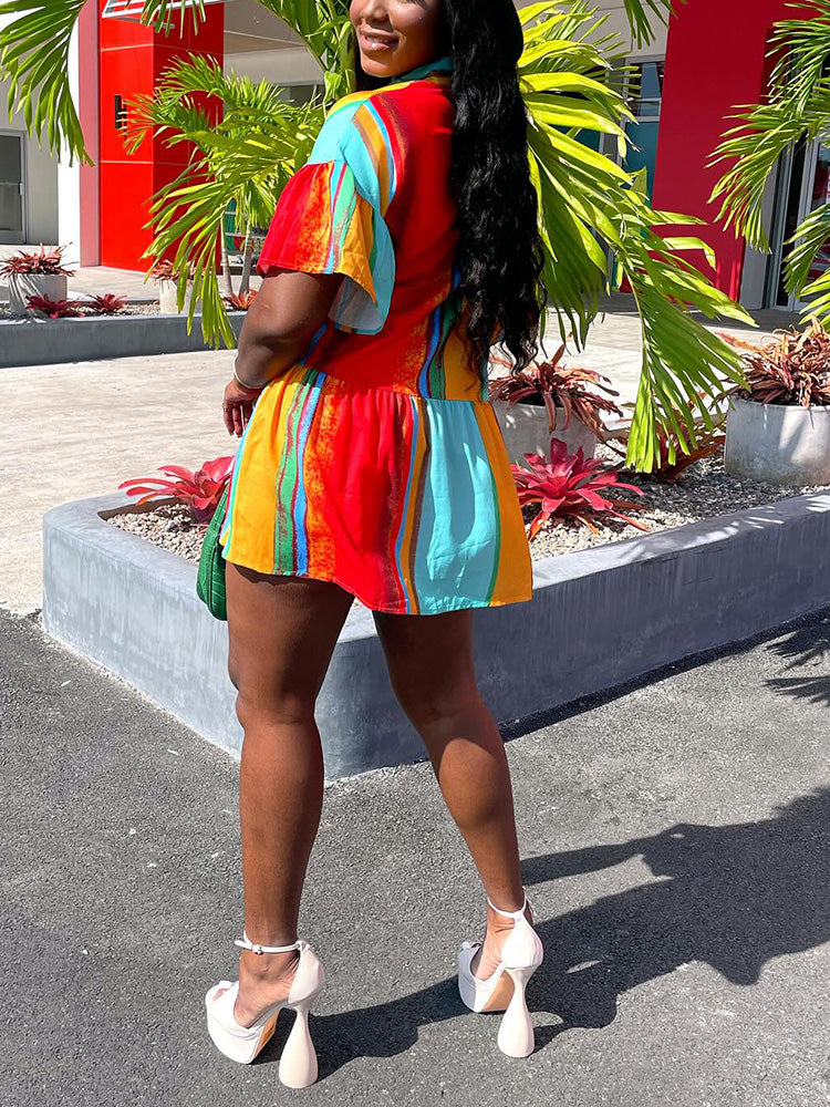 Color Block Ruffle Shirt Dress Multicolor / 2XL