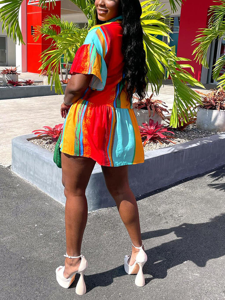 Color Block Ruffle Shirt Dress Multicolor / 2XL