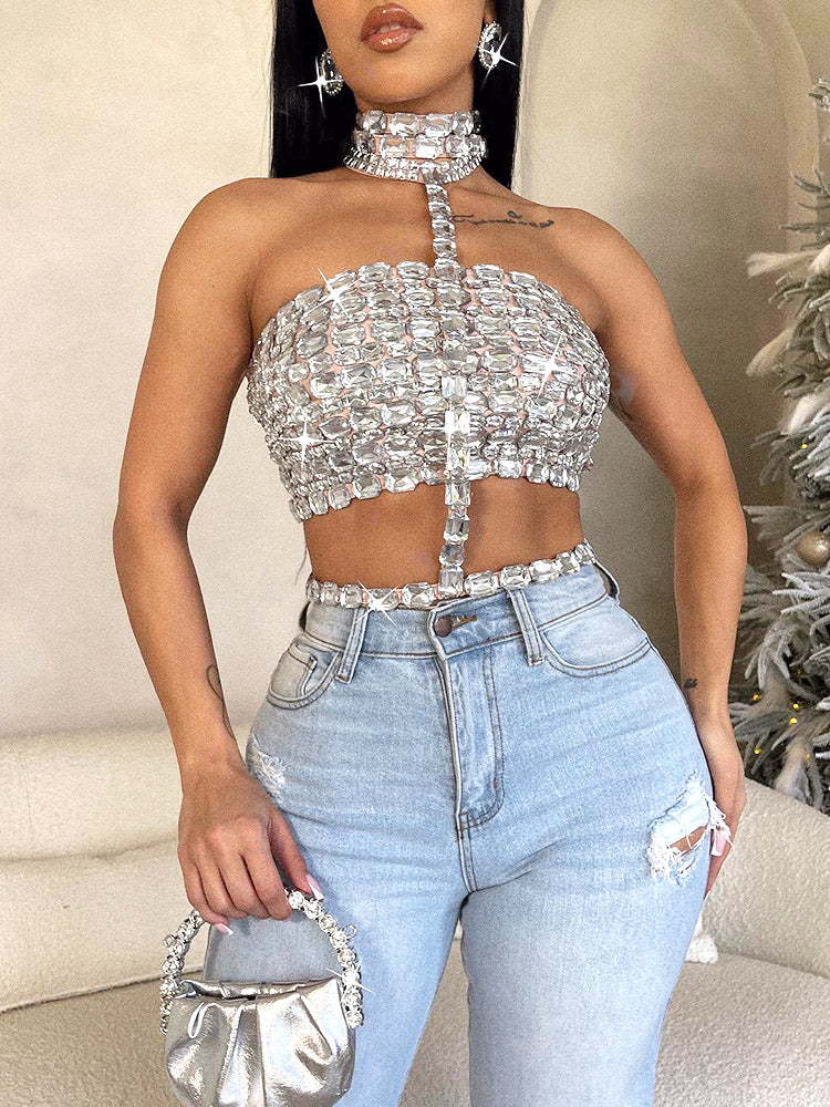 Glamorous Rhinestone Top Silver / S
