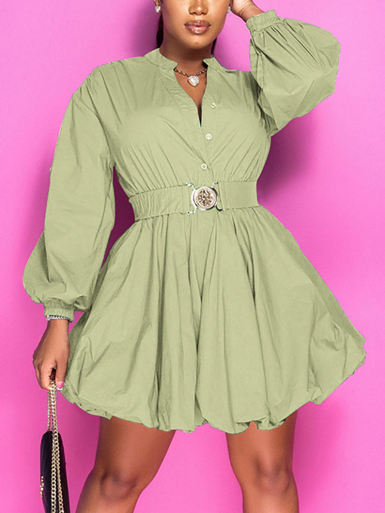 Belted Puffy Sleeve Solid Dress Green / 2XL